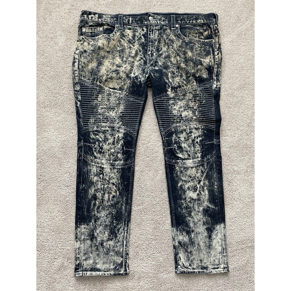 True Religion Rocco Moto Skinny Leg Jeans Mens 46x33 Acid Wash Flex Knee Stretch